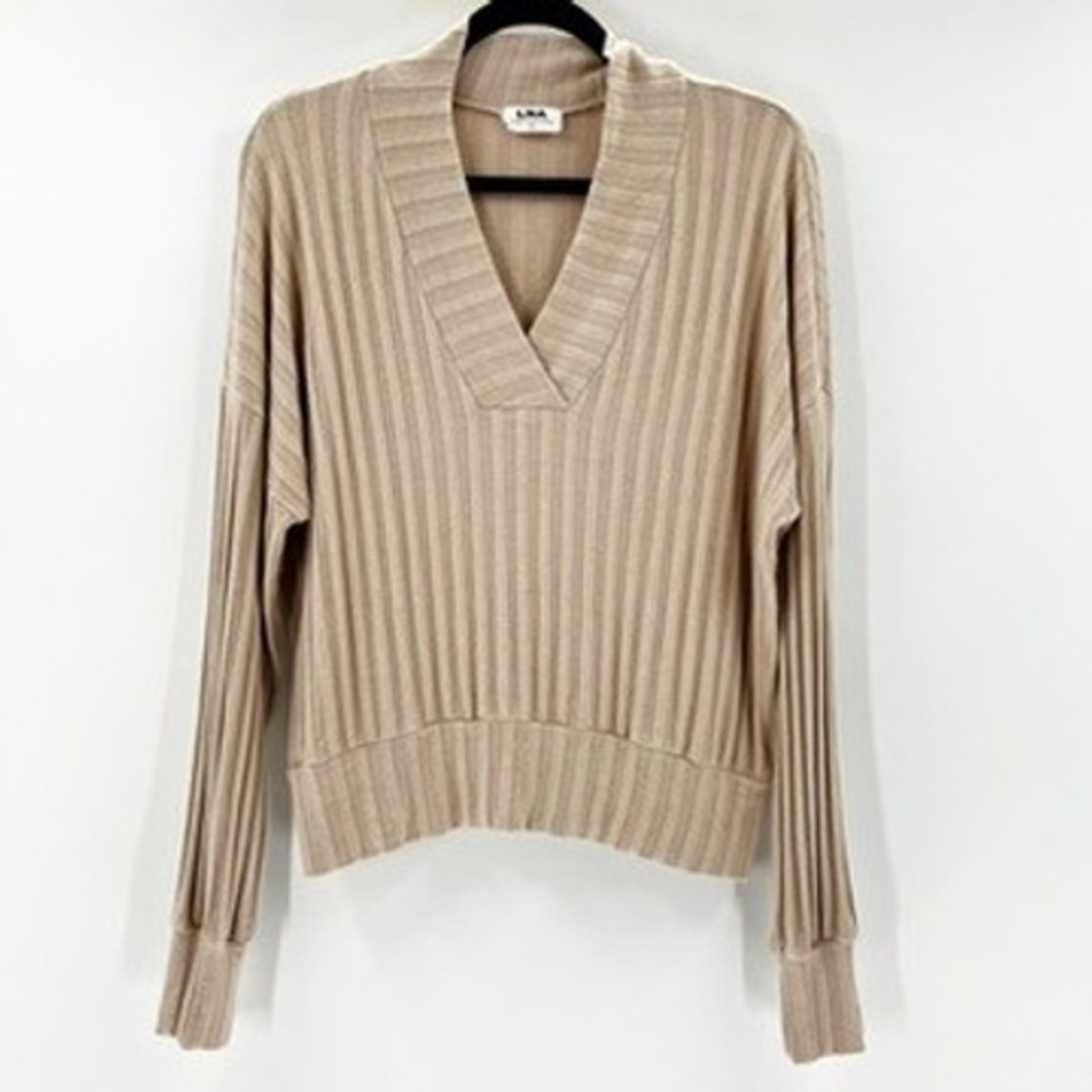 LNA Ribbed Knit Pullover‎ Sweater Taupe V Neck Long Sleeve Women's Size S